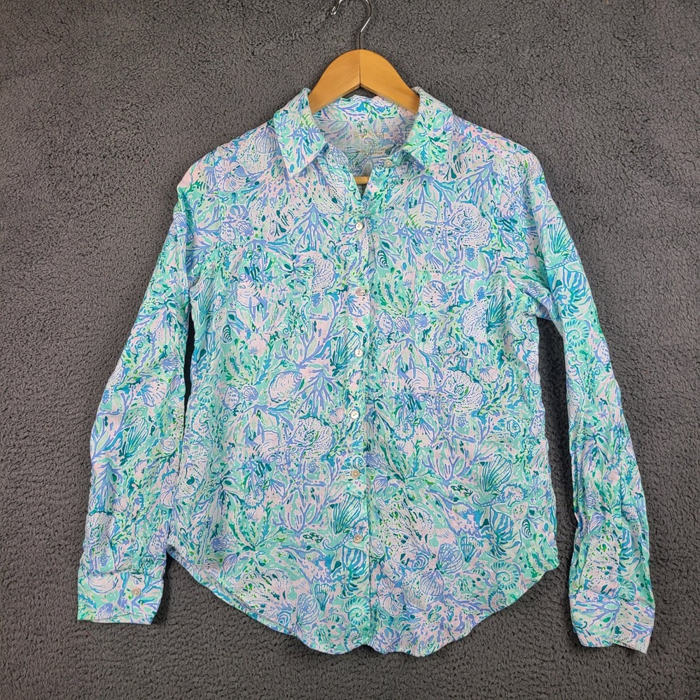 Lilly Pulitzer Sea View Linen Button Down Shirt Size XS Coastal Shell Print